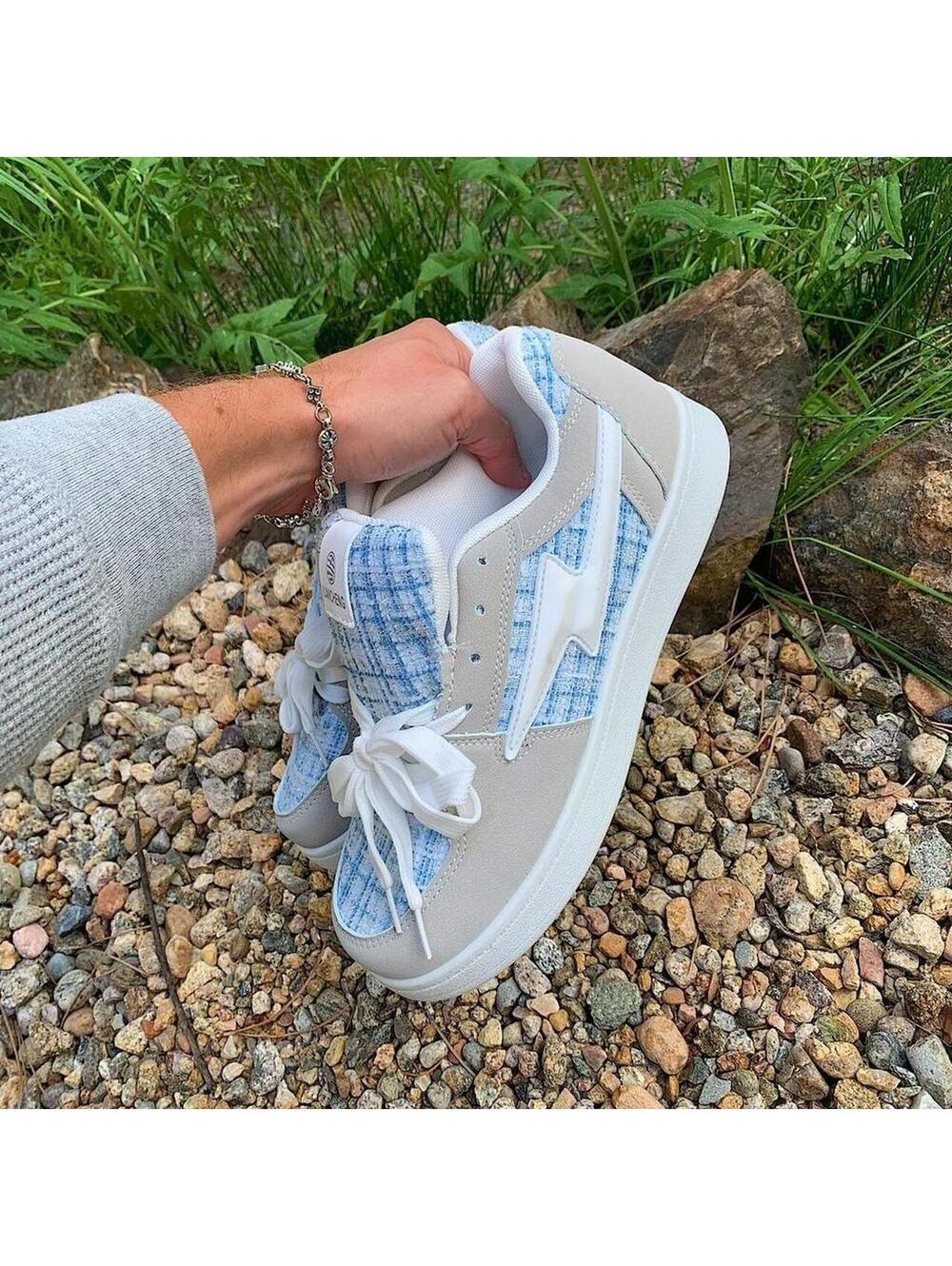 Y2k style Skater Streetwear Light Blue Plaid with White lightning bolt grey - Picture 3 of 8